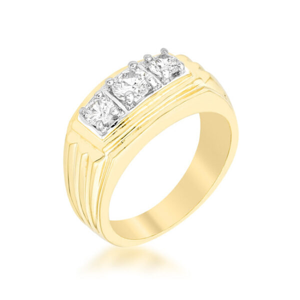 Golden triplet ring with round cubic zirconia in prongs, 1.2 ct total stone weight, and gold tone over lead free alloy (brass).