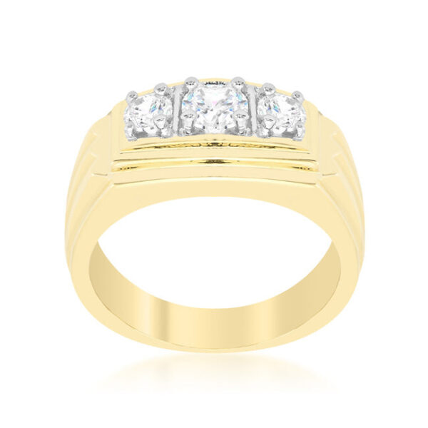 Classic triplet ring with round cubic zirconia in prongs and gold tone over lead free alloy (brass).