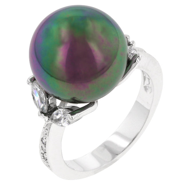 Rhodium plated over lead free alloy (brass) ring with marquise and round cubic zirconia in a prong setting.