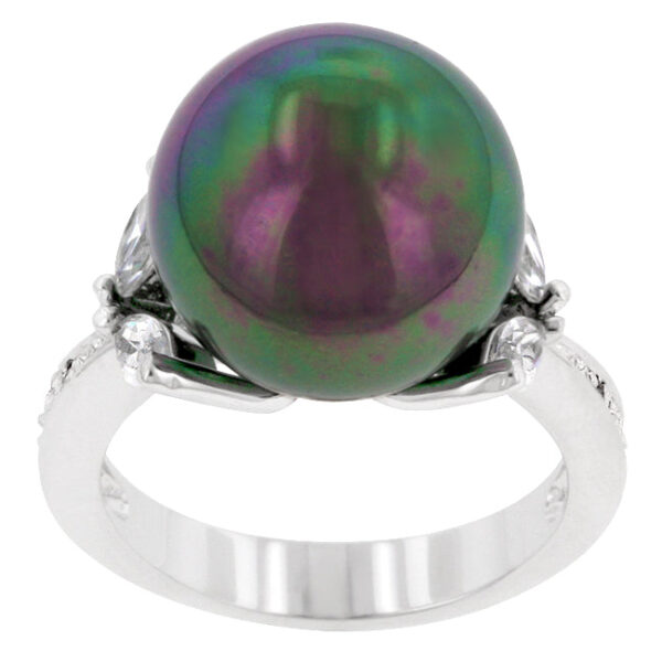 Contemporary ring with 0.54 ct total stone weight, marquise and round cubic zirconia, and rhodium plated over lead free alloy (brass).
