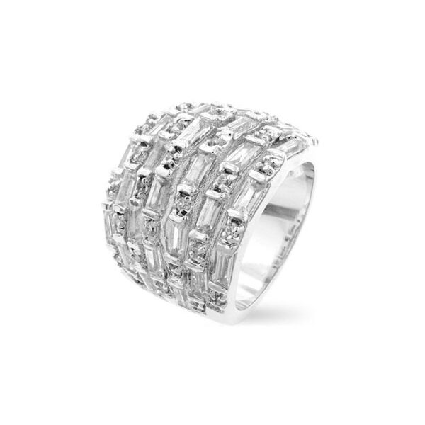 Multi-row fashion ring with baguette and round cubic zirconia in bar settings, rhodium plated over lead free alloy (brass).
