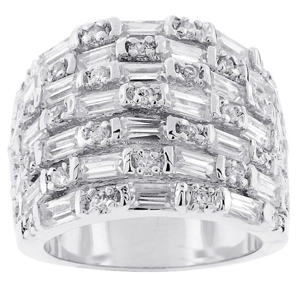 7 Mm multi-row right-hand ring with genuine baguette and round cubic zirconia in bar settings, rhodium plated over lead free alloy (brass).