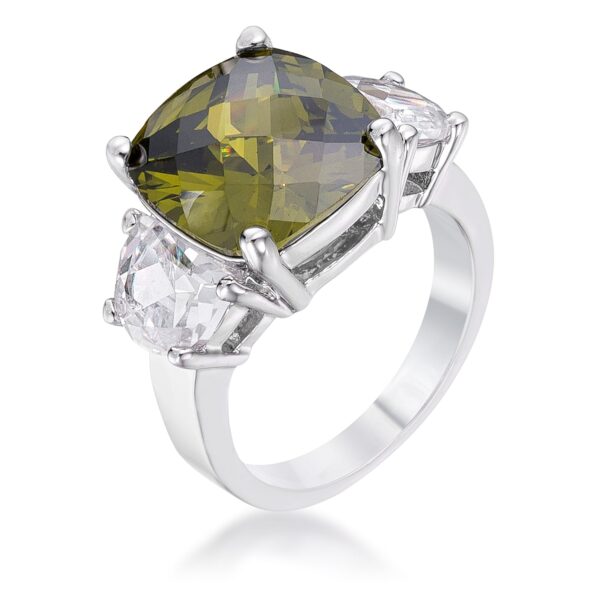 Green cushion-cut cubic zirconia 3-stone ring in rhodium plated over lead free alloy (brass).