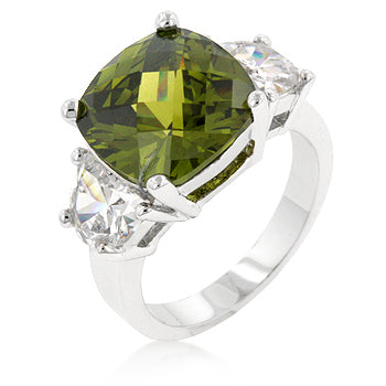 Green cubic zirconia prong-set ring with 8.2 ct total stone weight in rhodium plated over lead free alloy (brass).