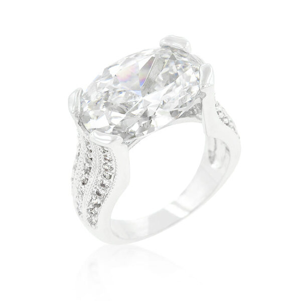 Purple oval cubic zirconia 3-stone ring in prongs, rhodium plated over lead free alloy (brass), with 22.5 ct total stone weight.