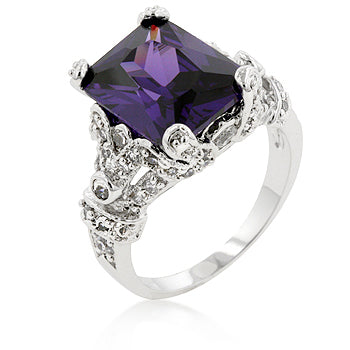 Purple princess ring with prong-set amethyst-colored cubic zirconia and a bright white rhodium plated finish.