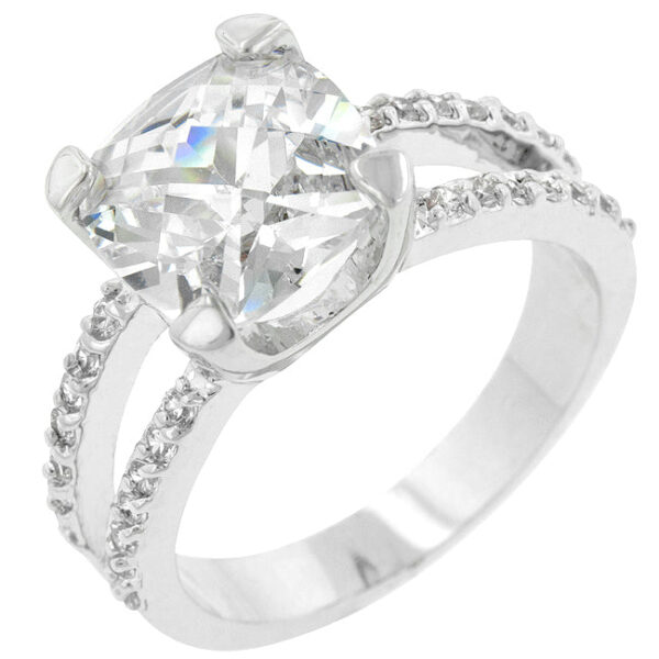 Double-band engagement ring with genuine cushion-cut cubic zirconia in prongs and 5 ct total stone weight.