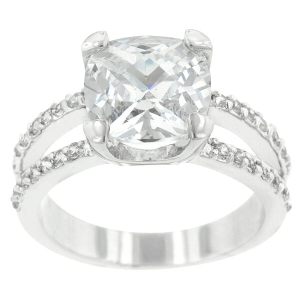 Rhodium plated over lead free alloy (brass) double-band ring with genuine cushion-cut cubic zirconia in prongs.