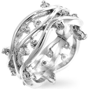 Green round cubic zirconia vine ring in rhodium plated over lead free alloy (brass), with prong settings and 0.48 ct total stone weight.