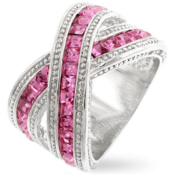 Green princess-cut cubic zirconia twisting band in a channel setting, rhodium plated over lead free alloy (brass).