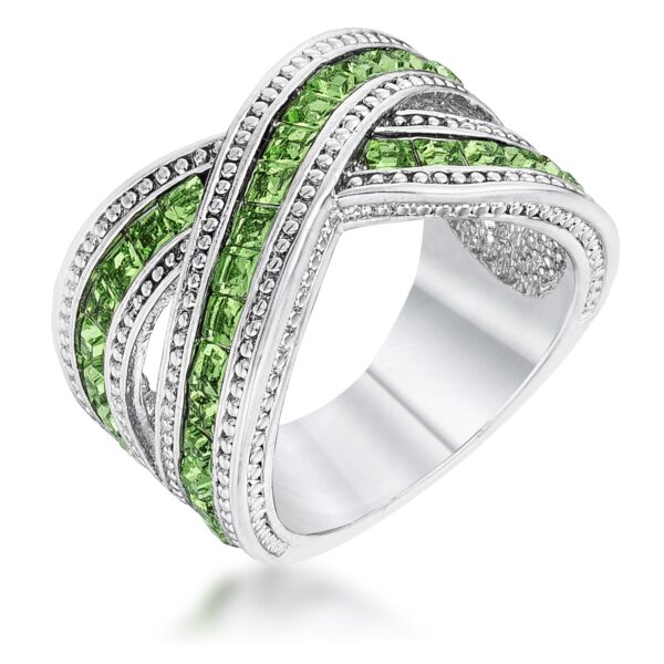 Aqua princess-cut cubic zirconia cable ring, rhodium plated over lead free alloy (brass), with a channel setting.