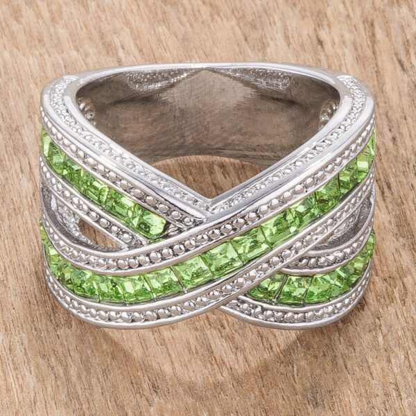 Cable-style ring with aqua princess-cut cubic zirconia in a channel setting, rhodium plated over lead free alloy (brass).