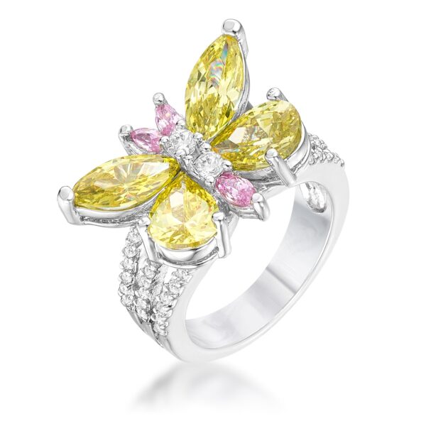 Butterfly cocktail ring with white oval cubic zirconia in prongs, rhodium plated over lead free alloy (brass)