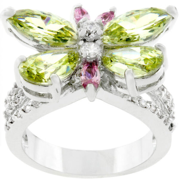 Butterfly cocktail ring with 5.3 ct total stone weight, rhodium plated over lead free alloy (brass)
