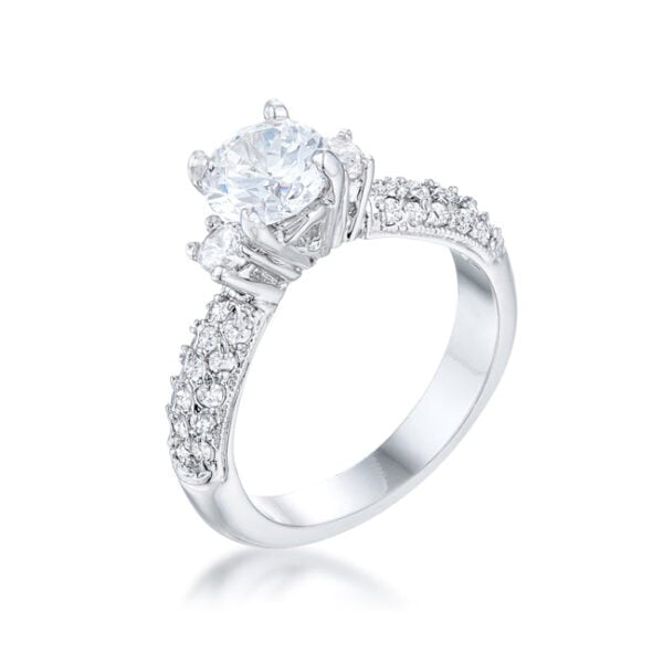 Pave bridal ring with round cubic zirconia in prongs, rhodium plated over lead-free alloy (white metal).
