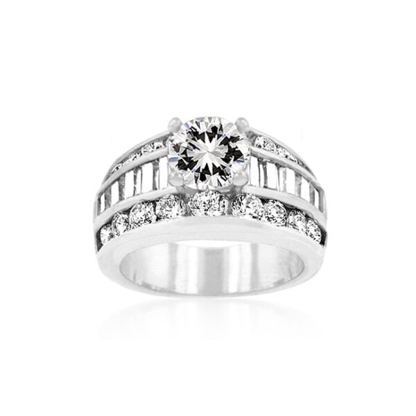 Cubic zirconia ring with baguette and round cuts, channel setting, 8 Mm center zircon, and rhodium plated over lead free alloy (brass).