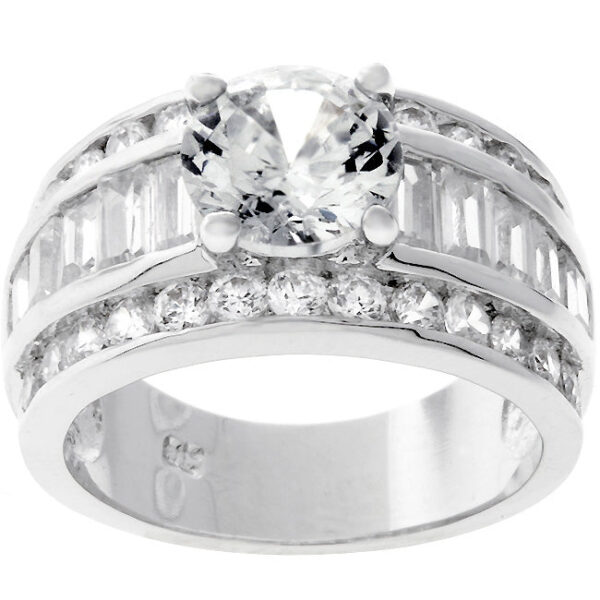 Rhodium plated over lead free alloy (brass) ring with cubic zirconia, 6.6 ct total stone weight, and 6.5 Mm width.