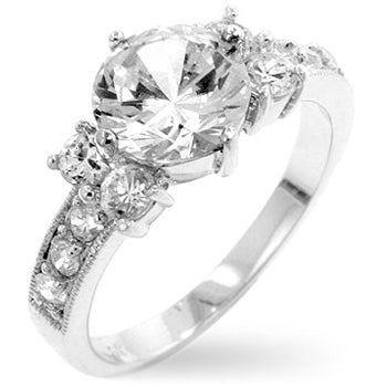 Round genuine cubic zirconia prong-set ring, rhodium plated over lead free alloy (brass), 1.6 ct total stone weight.