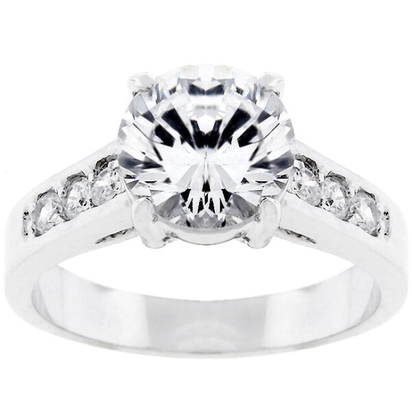 Green round cubic zirconia engagement ring in prongs with 2.6 ct total stone weight, rhodium plated over lead free alloy (brass).