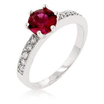 Round clear cubic zirconia engagement ring in prongs with rhodium plated over lead free alloy (brass).