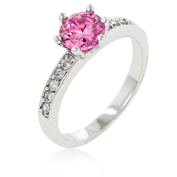 Pink round cubic zirconia engagement ring in prongs, rhodium plated over lead free alloy (brass), with 1.2 ct total stone weight.