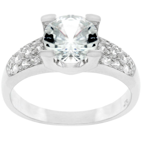 Clear engagement ring with round cubic zirconia in prongs, rhodium plated over lead free alloy (brass), 2.31 ct total stone weight.