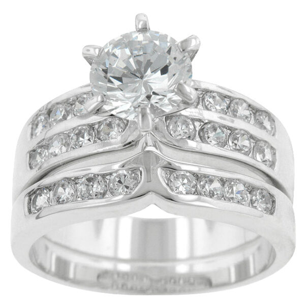 Round simulated cubic zirconia engagement set in a channel setting with 2.3 ct total carat weight.