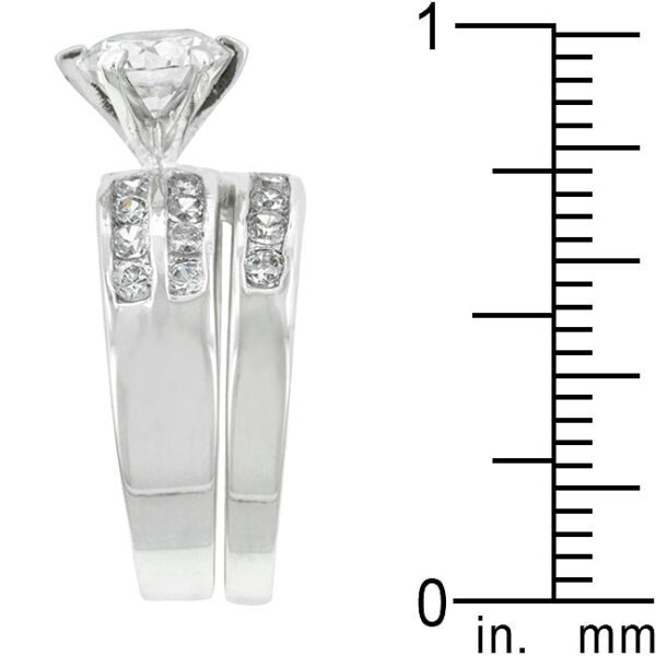 Channel-set simulated cubic zirconia engagement set, rhodium plated over lead free alloy (brass).