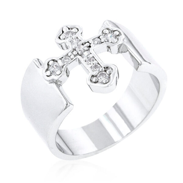 Symbolic cross band with round cubic zirconia in prongs and silver tone over lead free alloy (brass).