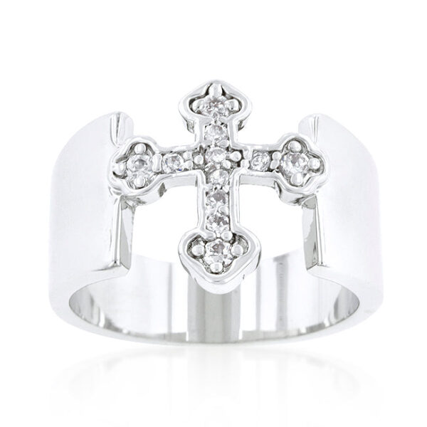 Round cubic zirconia cross band in prongs with silver tone over lead free alloy (brass).