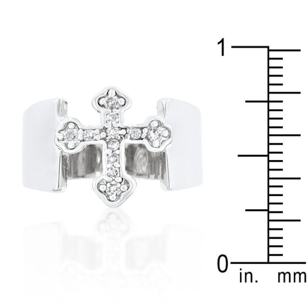 Symbolic cross ring with round cubic zirconia and silver tone over lead free alloy (brass).