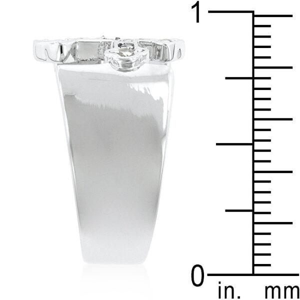 Cross motif band, 7.4 (mm) wide, with cubic zirconia in prongs and silver tone over lead free alloy (brass).
