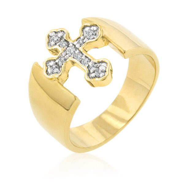 Cross ring in gold tone over lead free alloy (brass) with round cubic zirconia in prongs.