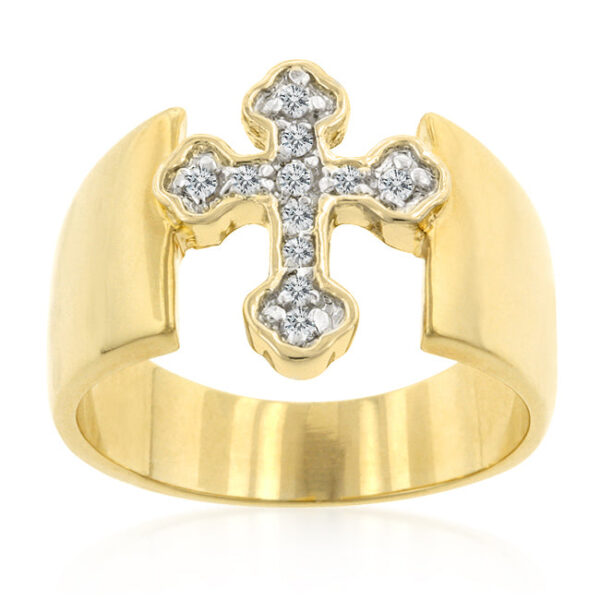 The ring in gold tone over lead free alloy (brass) with round cubic zirconia.