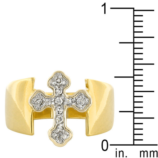 Cross motif ring with round cubic zirconia in prongs and gold tone over lead free alloy (brass).