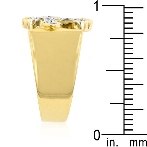Religious fashion cross ring in gold tone over lead free alloy (brass) with round cubic zirconia.