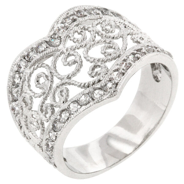 Filigree hearts ring in rhodium plated over lead free alloy (brass) with round 1.6 Mm cubic zirconia in prongs