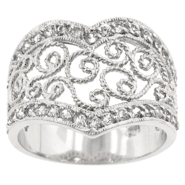 Filigree hearts ring with round cubic zirconia in prongs and 0.35 ct total stone weight