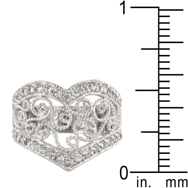 Round 1.6 Mm cubic zirconia prong-set on a rhodium plated over lead free alloy (brass) filigree hearts ring
