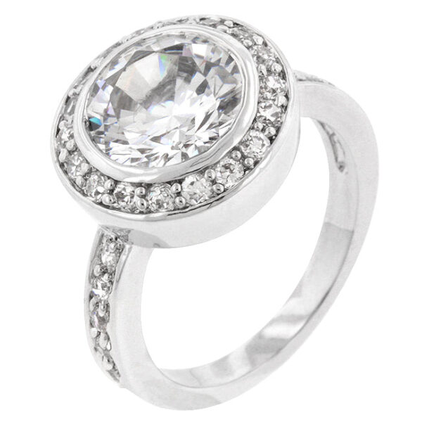 Contemporary engagement ring with genuine round cubic zirconia in a bezel setting.