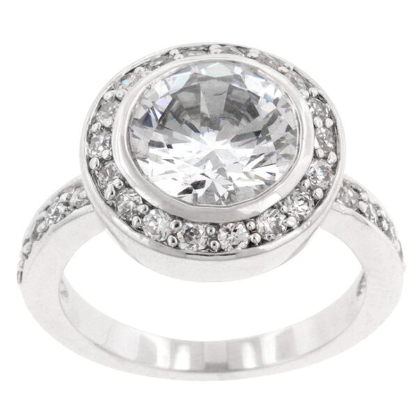 Rhodium plated over lead free alloy (brass) engagement ring with a 10 Mm round cubic zirconia.