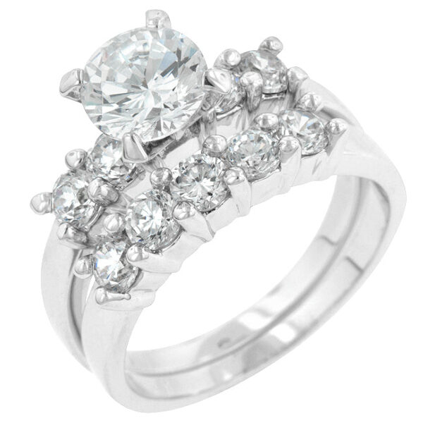 Wedding set with round cubic zirconia in prongs, 3.7 ct total stone weight, rhodium plated over lead free alloy (brass).