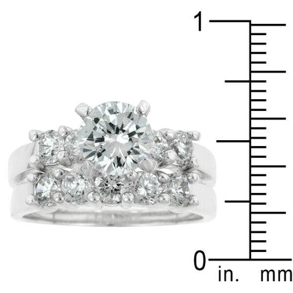 2 Mm wedding set with round cubic zirconia in prongs, rhodium plated over lead free alloy (brass).
