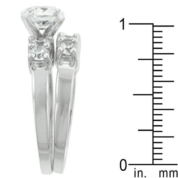 Wedding ring set with 3.7 ct total stone weight of round cubic zirconia, rhodium plated over lead free alloy (brass).