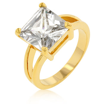 Princess-cut cubic zirconia ring in prongs with 5 ct total stone weight and gold tone finish over lead free alloy (brass).