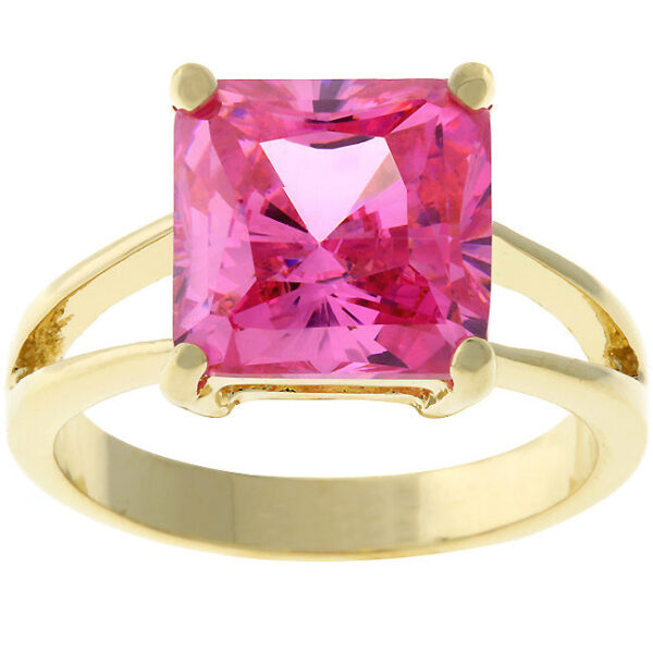Clear princess-cut cubic zirconia ring in prongs with gold tone finish over lead free alloy (brass).