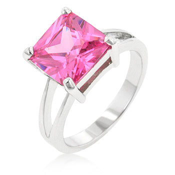 Pink princess-cut cubic zirconia ring in prongs, rhodium plated over lead free alloy (brass).