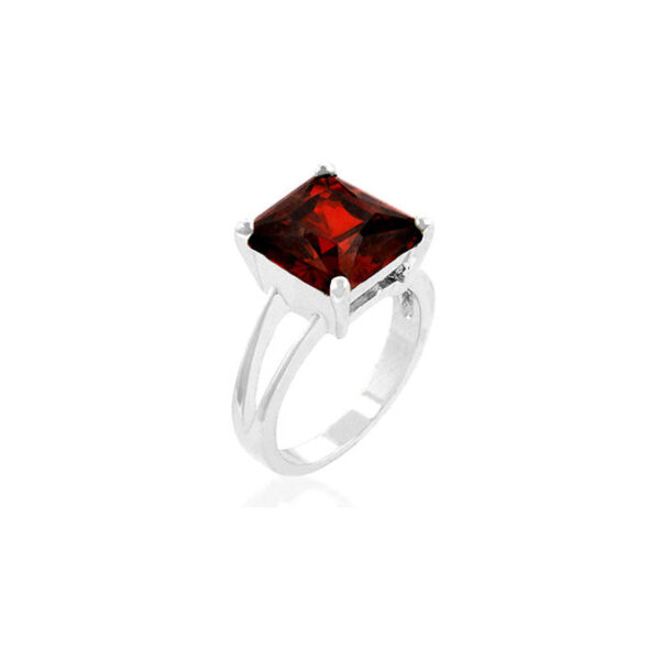 Princess-cut garnet-colored cubic zirconia ring with a 5.5 ct total stone weight and rhodium plated over lead free alloy (brass).