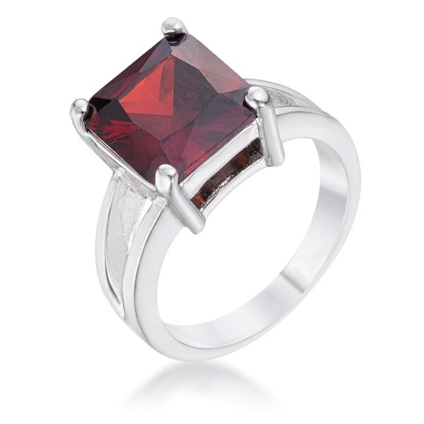 Garnet-colored cubic zirconia gypsy ring with a princess-cut stone in prongs and rhodium plated over lead free alloy (brass).