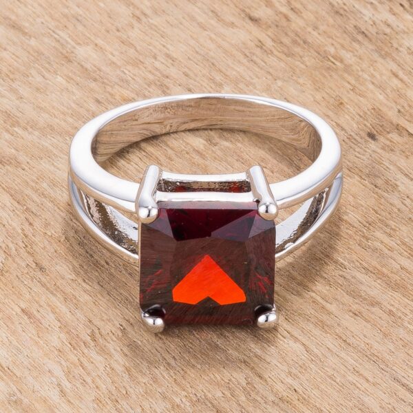 Bridal solitaire ring with genuine princess-cut garnet-colored cubic zirconia in prongs and rhodium plated over lead free alloy (brass).